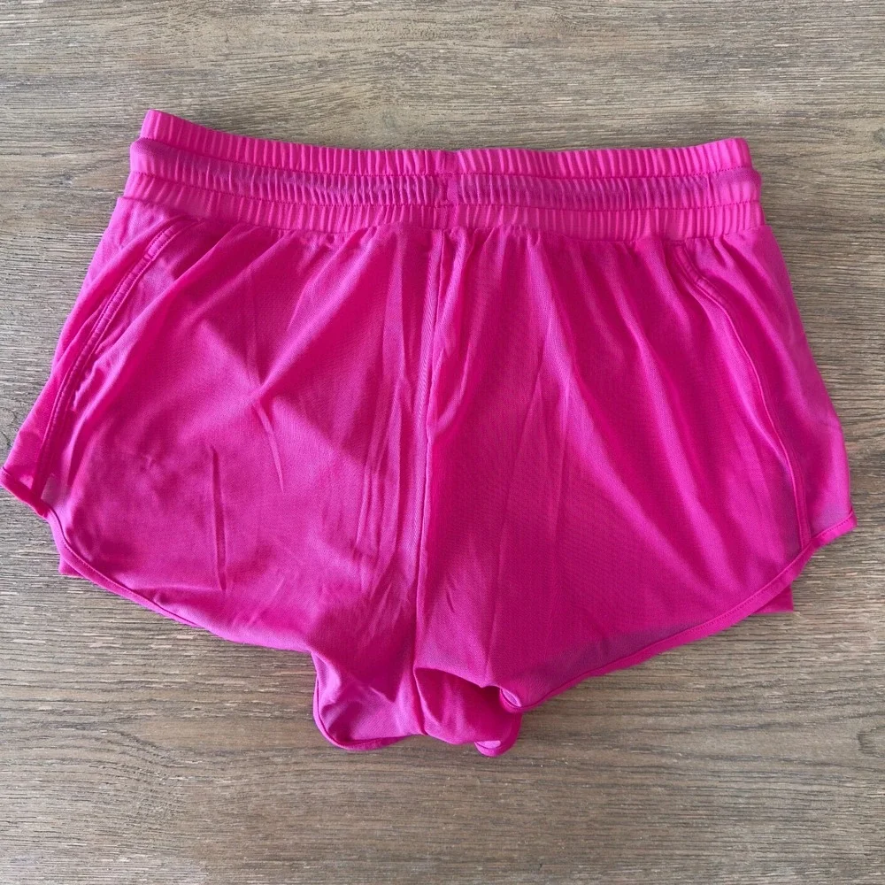 Alo Yoga Ambience Micro Mesh-Overlay Gym Workout Shorts-Lined-Neon Pink-Size XS